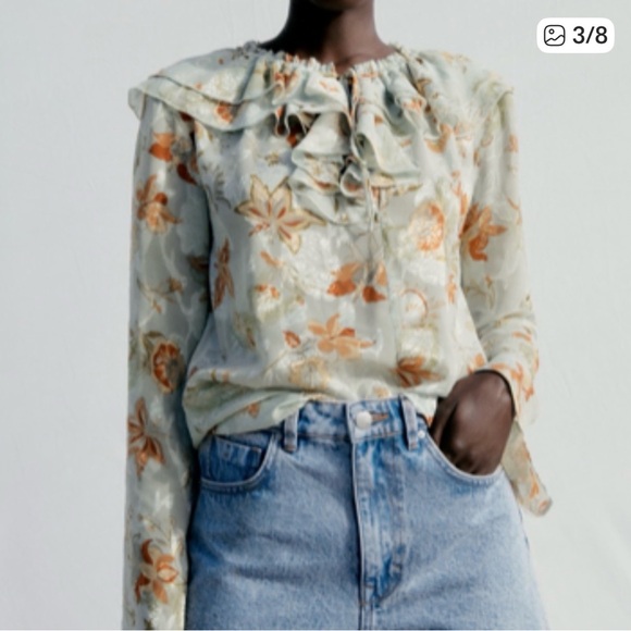 Zara Tops - Zara Floral Ruffle Blouse - Cream and Orange
